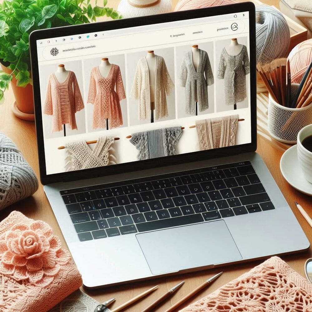 Onde-encontrar-vestidos-estolas-e-ponches-de-croche Notebook aberto em site com roupas de crochê