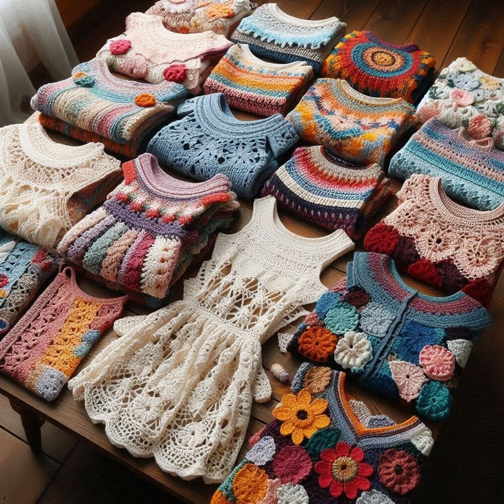 Por-que-os-vestidos-de-croche-estao-em-alta Mesa cheia de vestidos de crochê