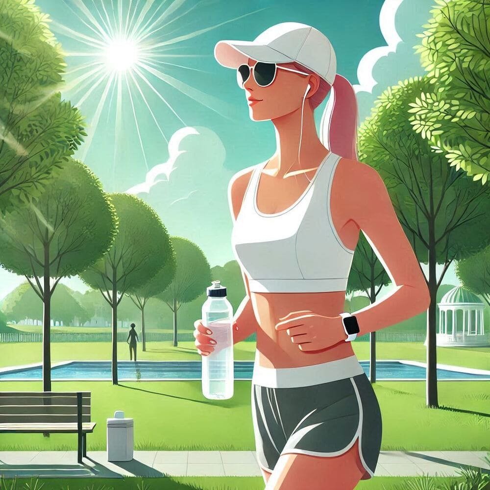 Cuidados-extras-para-quem-pratica-esportes-ao-ar-livre Mulher correndo no parque com garrafa de água para cuidar da pele no verão