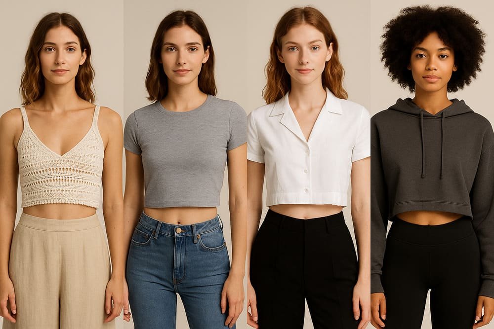 Croppeds de crochê, malha, tecido plano e moletom: versatilidade para todos os gostos