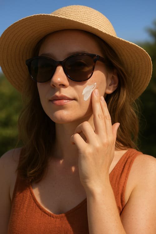 Cuidados com a pele na primavera-verão Mulher passando protetor solar para a chegada da primavera-verão