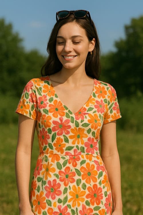 Estilo e autenticidade na estação Mulher com vestido leve e florido, com um óculos de sol sobre a cabeça