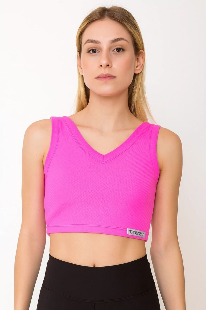 Mulher usando cropped flocado em dry poliamida na cor rosa