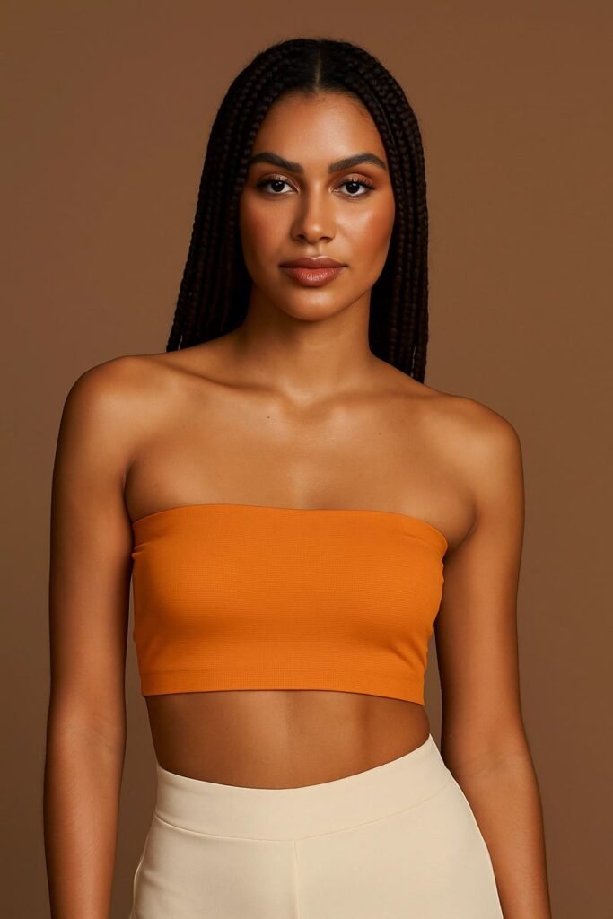 Mulher usando cropped tomara que caia laranja